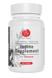 zen haus iodine supplement 12.5 mg with selenium (as selenomethionine) and more - 200 tablets - thyroid plus immune support - high potency iodine tablets - compare to lugol's iodine pills