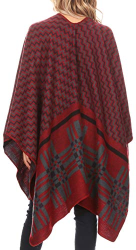 Sakkas 1928 - Lupe Womens Reversible Poncho Wrap Cape Shawl Sweater Coat Cardigan Pattern - Zigzag Burgundy - OS