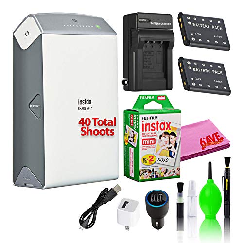 Fujifilm Instax Share SP-2 Portable Smartphone Printer (Silver) Creative Photo Printer Kit Deluxe Party Planner Bundle with (40) Instax Mini Films + Spare Battery and Charger + More