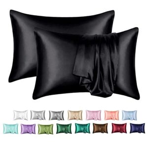 mr&hm satin pillowcase for hair and skin, silk satin pillowcase 2 pack, queen size pillow cases set of 2, silky pillow cover with envelope closure (20x30, black)