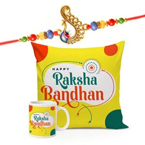 tied ribbons rakhi for brother with gift set | rakhi for bhaiya | bhai rakhi set for brother - raksha bandhan rakhi thread | cushion with filler (12 x 12 inch) | coffee mug (10 oz) | greeting card