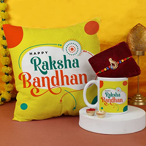 TIED RIBBONS Rakhi for Brother with Gift Set | Rakhi for Bhaiya | Bhai Rakhi Set for Brother - Raksha bandhan Rakhi Thread | Cushion with Filler (12 x 12 Inch) | Coffee Mug (10 Oz) | Greeting Card