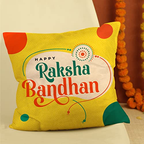 TIED RIBBONS Rakhi for Brother with Gift Set | Rakhi for Bhaiya | Bhai Rakhi Set for Brother - Raksha bandhan Rakhi Thread | Cushion with Filler (12 x 12 Inch) | Coffee Mug (10 Oz) | Greeting Card