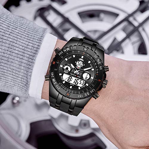 GOLDEN HOUR Huge Face Big Size Military Sports Mens Watches Waterproof, Stopwatch, Date and Date, Alarm, Luminous Digital Analog Stainless Steel Wrist Watch with Rubber Band in Black