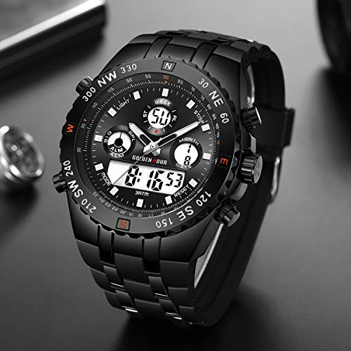 GOLDEN HOUR Huge Face Big Size Military Sports Mens Watches Waterproof, Stopwatch, Date and Date, Alarm, Luminous Digital Analog Stainless Steel Wrist Watch with Rubber Band in Black