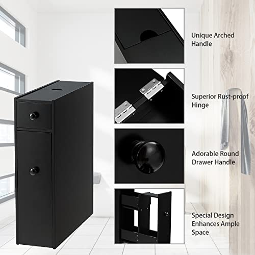 Tangkula Slim Bathroom Cabinet, Free Standing Storage Cabinet with Slide Out Drawers, Narrow Floor Bathroom Organizer Next to Toilet, Bathroom Toilet Paper Holder, 19 x 6.5 x 23 Inches (Black)