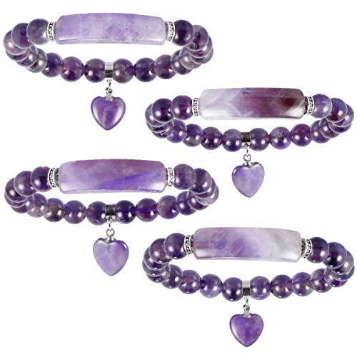 TUMBEELLUWA Healing Stone Bracelet 8mm Beads Chakra Crystal Energy Heart Charm Bracelet Handmade Jewelry for Women, Amethyst