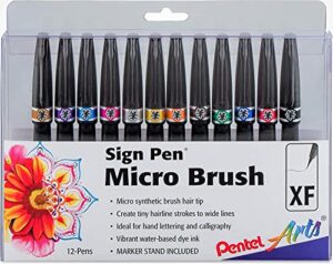 pentel arts sign pen micro brush tip, assorted colors (a/b/c/d/e/f/g/n/p/s/v/y), 12-pk plastic box (sesf30cpc12)