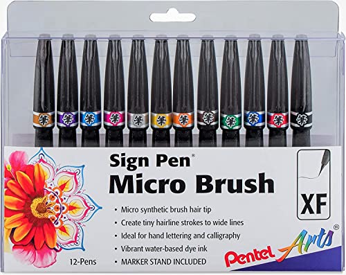 Pentel Arts Sign Pen Micro Brush Tip, Assorted Colors (A/B/C/D/E/F/G/N/P/S/V/Y), 12-PK Plastic Box (SESF30CPC12)