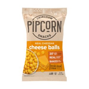 heirloom cheddar cheese balls by pipcorn - 4.5oz - organic cheese, no artificial anything, non-gmo heirloom corn, no preservatives, gluten free