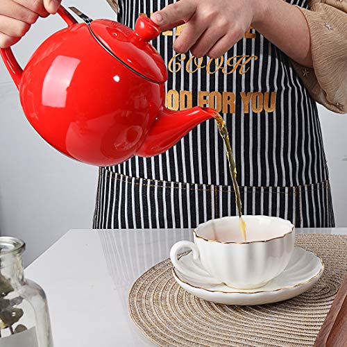 Sweejar Porcelain Tea Pot with Infuser and Lid,Teaware with Filter 30 OZ for Tea/Coffee/Milk/Women/Office/Home/Gift (Red)