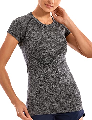 CRZ YOGA Seamless Workout Shirts for Women Short Sleeve Sports Tees Quick Dry Breathable Gym Athletic Tops Black and White Medium