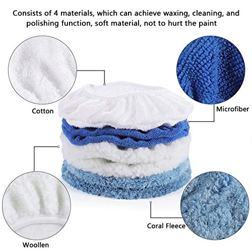 AUTDER 9 Inch & 10 Inch Car Polisher Pad Bonnet, Waxers Bonnet Set, Woollen+Cotton+Microfiber+Coral Fleece, 2 Pcs for Each, Pack of 8 Pcs