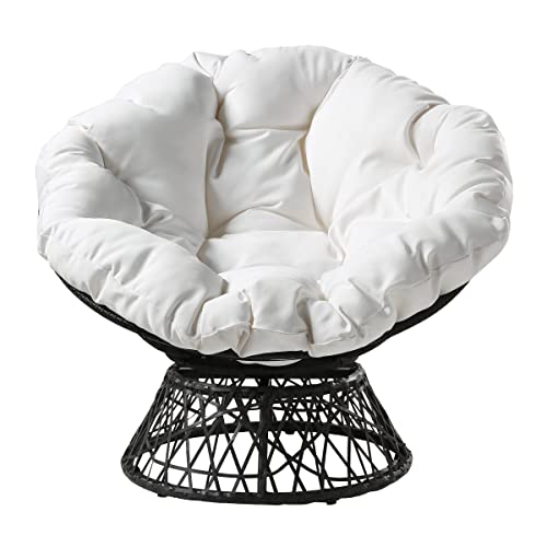 OSP Home Furnishings Wicker Papasan Chair with 360-Degree Swivel, 40â€ W x 36â€ D x 35.25â€ H, Grey Frame with White Cushion