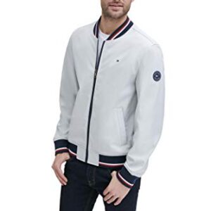 Tommy Hilfiger Men's Lightweight Varsity Rib Knit Bomber Jacket, Ice soft shell, Medium