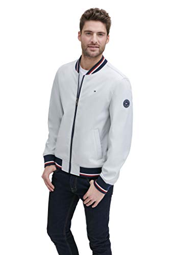 Tommy Hilfiger Men's Lightweight Varsity Rib Knit Bomber Jacket, Ice soft shell, Medium