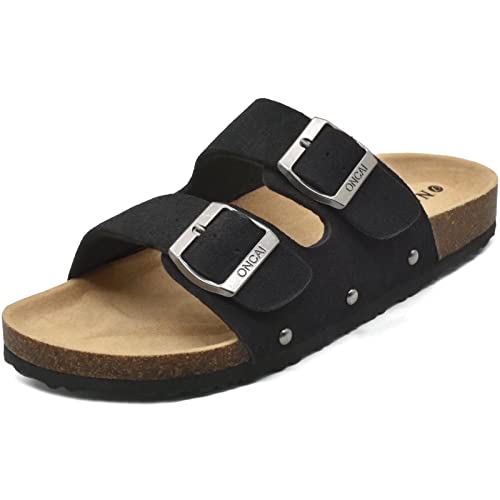 ONCAI Womens Comfortable Sandals Knock Off Clogs Sandals Women Dressy Summer Flat with Arch Support Two Strap Slip On Adjustable Buckle Slides Shoes for Women Black Size 6