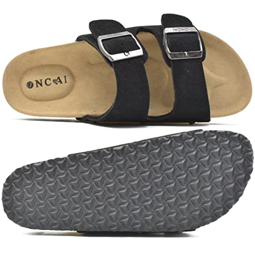 ONCAI Womens Comfortable Sandals Knock Off Clogs Sandals Women Dressy Summer Flat with Arch Support Two Strap Slip On Adjustable Buckle Slides Shoes for Women Black Size 6