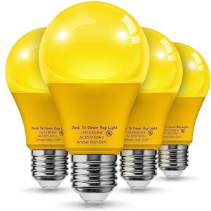 lohas yellow led bug light bulbs outdoor, dusk to dawn sensor yellow bug light bulb outside, a19 amber porch light non-attracting, 40w equivalent 2000k e26 auto on/off, for patio deck backyard, 4 pack