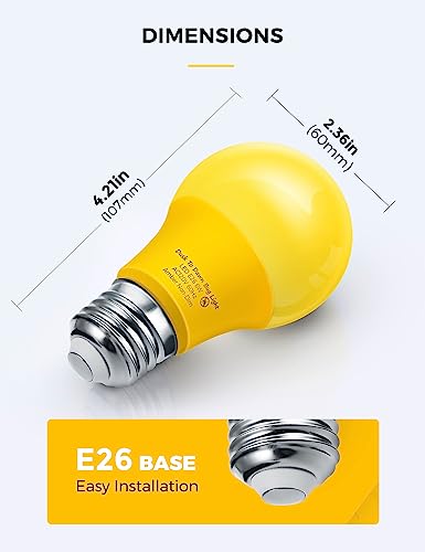 LOHAS Yellow LED Bug Light Bulbs Outdoor, Dusk to Dawn Sensor Yellow Bug Light Bulb Outside, A19 Amber Porch Light Non-Attracting, 40W Equivalent 2000K E26 Auto On/Off, for Patio Deck Backyard, 4 Pack