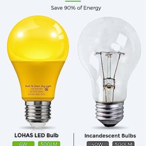 LOHAS Yellow LED Bug Light Bulbs Outdoor, Dusk to Dawn Sensor Yellow Bug Light Bulb Outside, A19 Amber Porch Light Non-Attracting, 40W Equivalent 2000K E26 Auto On/Off, for Patio Deck Backyard, 4 Pack