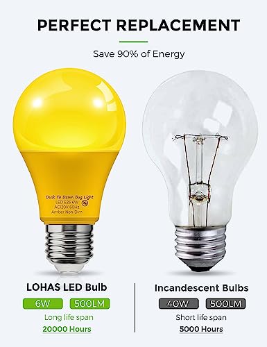 LOHAS Yellow LED Bug Light Bulbs Outdoor, Dusk to Dawn Sensor Yellow Bug Light Bulb Outside, A19 Amber Porch Light Non-Attracting, 40W Equivalent 2000K E26 Auto On/Off, for Patio Deck Backyard, 4 Pack