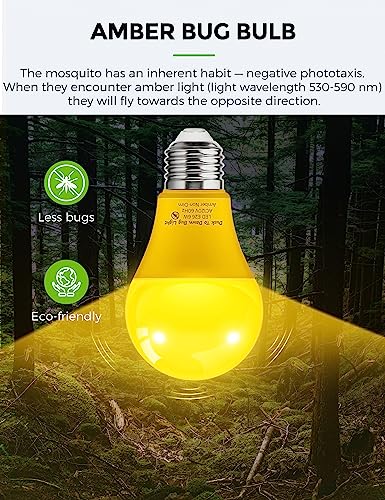 LOHAS Yellow LED Bug Light Bulbs Outdoor, Dusk to Dawn Sensor Yellow Bug Light Bulb Outside, A19 Amber Porch Light Non-Attracting, 40W Equivalent 2000K E26 Auto On/Off, for Patio Deck Backyard, 4 Pack