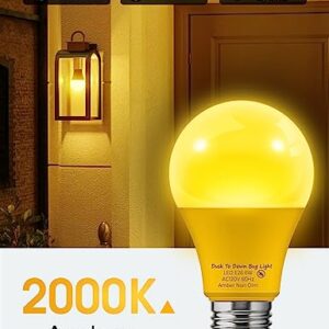 LOHAS Yellow LED Bug Light Bulbs Outdoor, Dusk to Dawn Sensor Yellow Bug Light Bulb Outside, A19 Amber Porch Light Non-Attracting, 40W Equivalent 2000K E26 Auto On/Off, for Patio Deck Backyard, 4 Pack