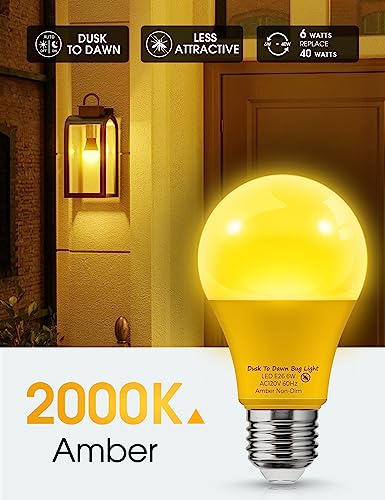 LOHAS Yellow LED Bug Light Bulbs Outdoor, Dusk to Dawn Sensor Yellow Bug Light Bulb Outside, A19 Amber Porch Light Non-Attracting, 40W Equivalent 2000K E26 Auto On/Off, for Patio Deck Backyard, 4 Pack