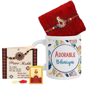 tied ribbons rakhi for brother with gift set | coffee mug (10 oz) | greeting card | roli chawal packet - raksha bandhan rakhi gifts for brother rakhi set for brother bhai rakhi thread