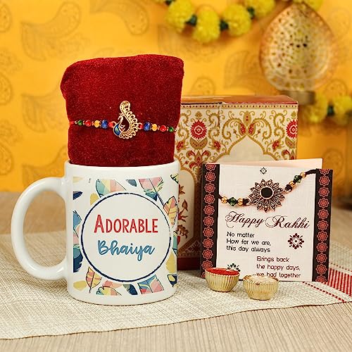 TIED RIBBONS Rakhi for Brother with Gift Set | Coffee Mug (10 Oz) | Greeting Card | Roli Chawal Packet - Raksha bandhan Rakhi Gifts for Brother Rakhi Set for Brother Bhai Rakhi Thread