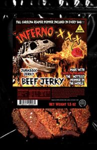 jurassic jerky’s inferno - xxx hot beef jerky * every 1.5 oz bag includes (1) carolina reaper pepper the hottest pepper in the world! can you handle the heat? take the challenge!