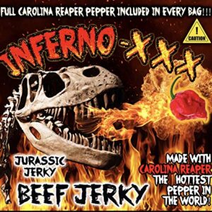 JURASSIC JERKY’S INFERNO - XXX HOT Beef Jerky * Every 1.5 oz bag includes (1) Carolina Reaper Pepper the Hottest Pepper in the World! Can you handle the Heat? Take the Challenge!