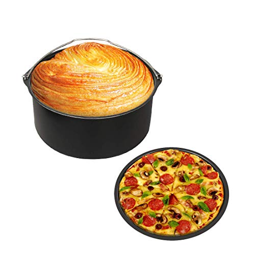 Air Fryer Accessories for Ninja Gourmia Cosori Phillips Gowise, Fit all 3.7QT-5.8QT, Set of 2 with 8 Inch Cake Barrel, Pizza Pan, Black Round