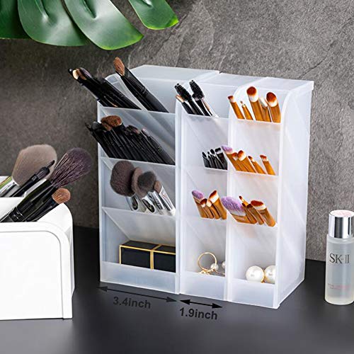 Marbrasse 3 Pcs Big Desk Organizer- Pen Organizer Storage for Office, School, Home Supplies, Translucent White Pen Storage Holder, High Capacity, Set of 3, 12 Compartments (White Big Pen Holder)