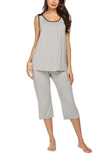 ekouaer women's sleepwear bamboo jersey sleeveless top and capri pleated loungewear o neck pajama set grey l