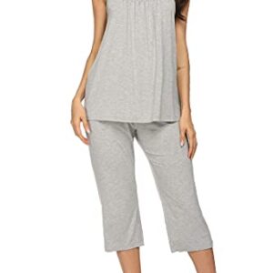 Ekouaer Women's Sleepwear Bamboo Jersey Sleeveless Top and Capri Pleated Loungewear O Neck Pajama Set Grey L