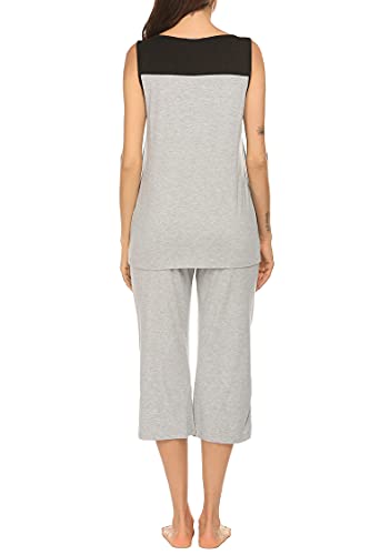 Ekouaer Women's Sleepwear Bamboo Jersey Sleeveless Top and Capri Pleated Loungewear O Neck Pajama Set Grey L