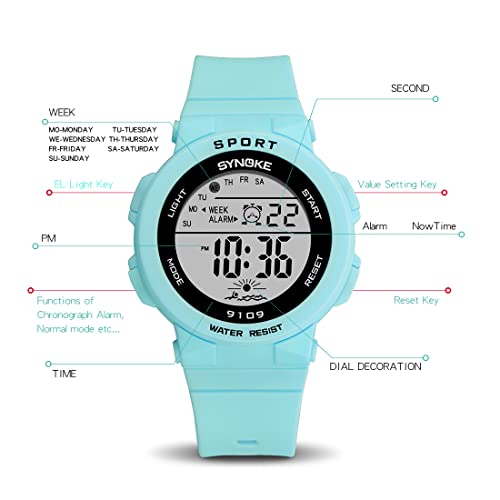 WISHFAN Sports Watch for Women, Women’s and Girls’ Watch Waterproof Digital Watch with 7 Colors Backlight (Turquoise)