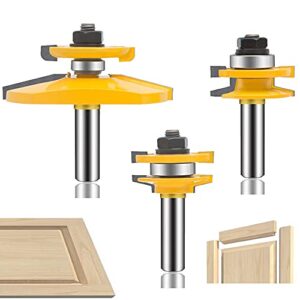 oletbe 3 pcs router bit set, 1/2-inch shank round over raised panel cabinet door rail and stile router bits, woodworking wood cutter, wood carbide groove tongue milling tool(gold)
