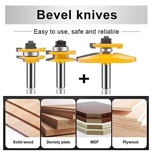 OLETBE 3 PCS Router Bit Set, 1/2-Inch Shank Round Over Raised Panel Cabinet Door Rail and Stile Router Bits, Woodworking Wood Cutter, Wood Carbide Groove Tongue Milling Tool(Gold)