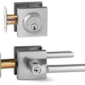 Berlin Modisch Entry Lever Door Handle and Single Cylinder Deadbolt Lock and Key Slim Square Locking Lever Handle Set [Front Door or Office] Right & Left Sided Doors Heavy Duty – Satin Nickel Finish