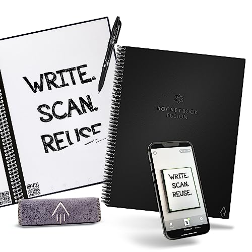 Rocketbook Planner & Notebook, Fusion : Reusable Smart Planner & Notebook | Improve Productivity with Digitally Connected Notebook Planner | Dotted, 8.5" x 11", 42 Pg, Infinity Black, with Pen, Cloth, and App