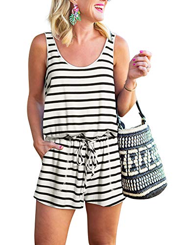 REORIA Womens Casual Summer One Piece Sleeveless Tank Top Striped Playsuits Workout Yoga Short Jumpsuit Beach Rompers White+Black Large