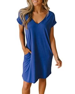 btfbm women v-neck short sleeve summer dresses 2023 spring casual loose t-shirt tunic short dress pajamas with pockets(blue, small)