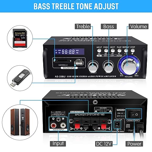 Sunbuck Max 300Wx2 Home Stereo Amplifier, Bluetooth Stereo Receiver, Hi-Fi Small Speaker Receiver, 2 Channel Amplifier Home Audio with Remote Control, USB2.0, Outdoor Receiver for Speakers, AS-25BU