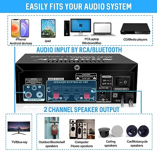 Sunbuck Max 300Wx2 Home Stereo Amplifier, Bluetooth Stereo Receiver, Hi-Fi Small Speaker Receiver, 2 Channel Amplifier Home Audio with Remote Control, USB2.0, Outdoor Receiver for Speakers, AS-25BU