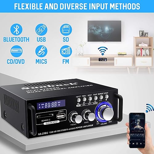 Sunbuck Max 300Wx2 Home Stereo Amplifier, Bluetooth Stereo Receiver, Hi-Fi Small Speaker Receiver, 2 Channel Amplifier Home Audio with Remote Control, USB2.0, Outdoor Receiver for Speakers, AS-25BU