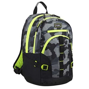 fuel dynamo active backpack, fits most laptops up to 15", front access pockets, padded lumbar, comfortable, adjustable straps - black/gray camo