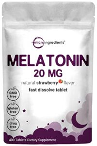 micro ingredients melatonin 20mg tablets, 400 counts, natural strawberry flavor, fast dissolve | no drug, vegetarian friendly, non-gmo & no gluten